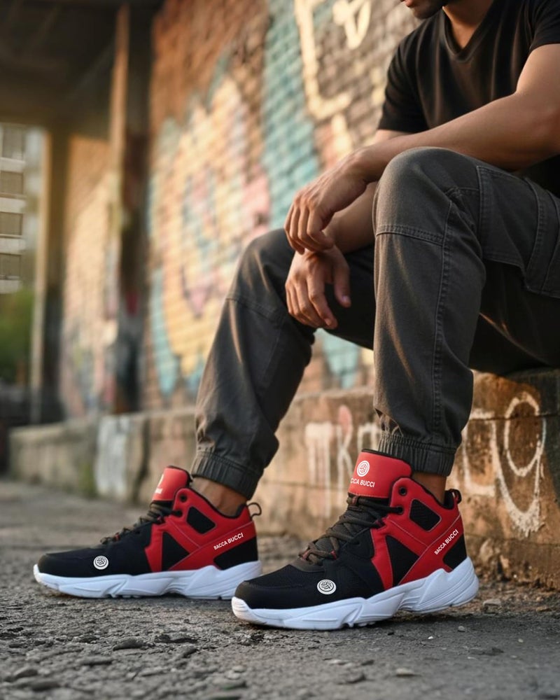 Bacca Bucci® Men's Caper High Top Men Sneakers with Anti Slip Sole & Breathable Upper- Red/Black, Size UK9 - Image 2
