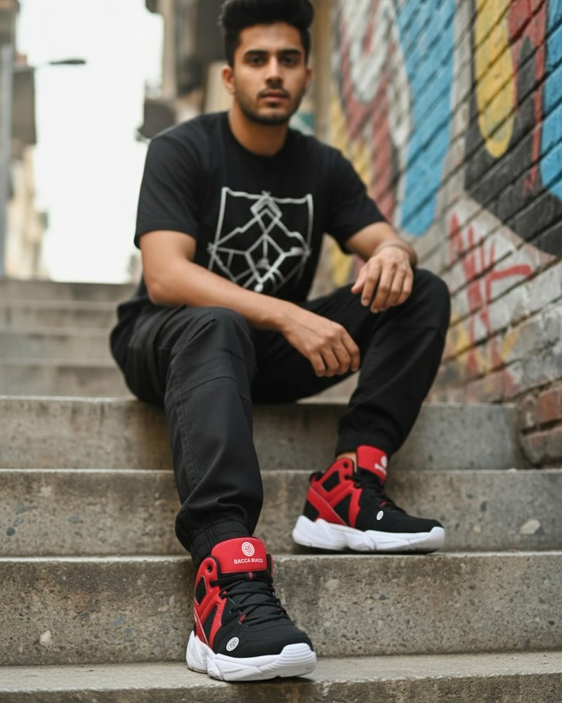 Bacca Bucci® Men's Caper High Top Men Sneakers with Anti Slip Sole & Breathable Upper- Red/Black, Size UK9 - Image 3