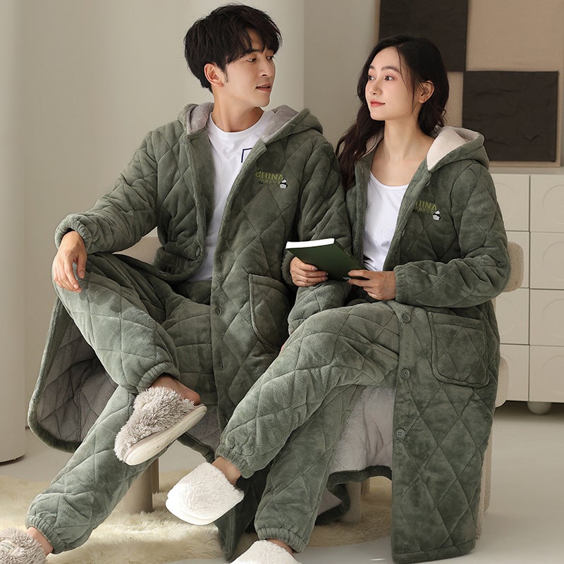 Long Quilted Pajamas Couple'S Winter Thickened Coral Fleece Cotton Nightgown Pajamas Suit Men'S And Women'S Warm Cotton Jacket Bathrobe - Image 2