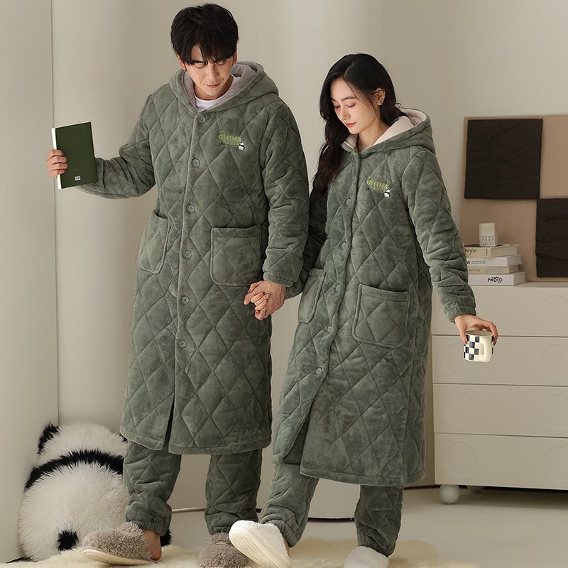 Long Quilted Pajamas Couple'S Winter Thickened Coral Fleece Cotton Nightgown Pajamas Suit Men'S And Women'S Warm Cotton Jacket Bathrobe - Image 3