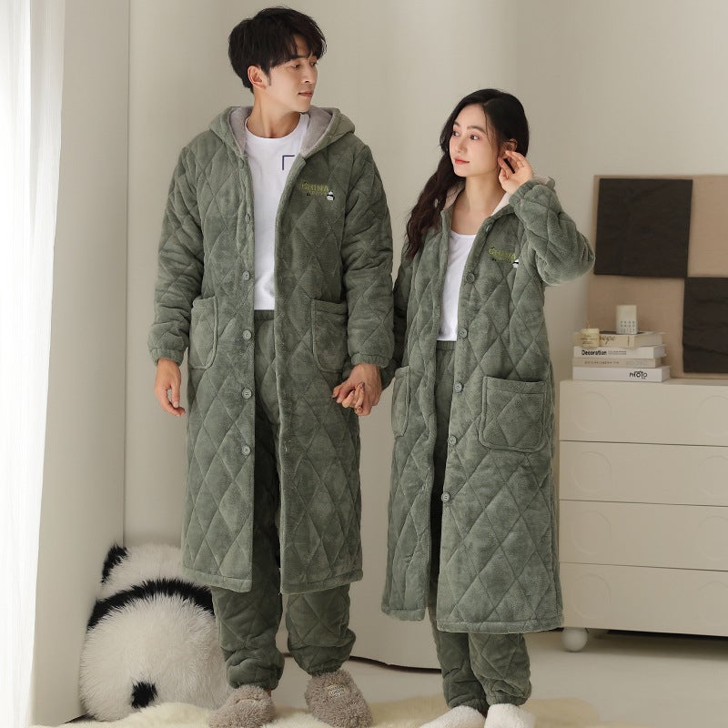Long Quilted Pajamas Couple'S Winter Thickened Coral Fleece Cotton Nightgown Pajamas Suit Men'S And Women'S Warm Cotton Jacket Bathrobe - Image 4