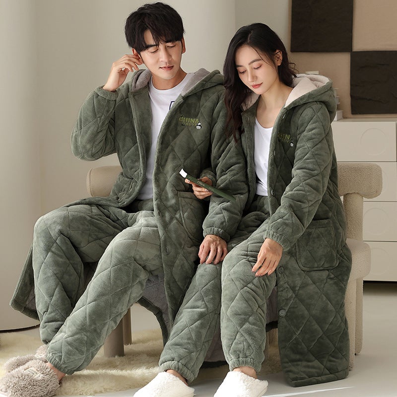 Long Quilted Pajamas Couple'S Winter Thickened Coral Fleece Cotton Nightgown Pajamas Suit Men'S And Women'S Warm Cotton Jacket Bathrobe - Image 5