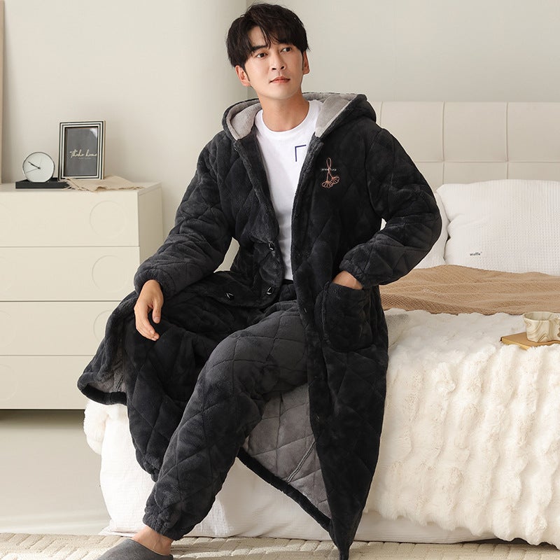 Long Quilted Pajamas Couple'S Winter Thickened Coral Fleece Cotton Nightgown Pajamas Suit Men'S And Women'S Warm Cotton Jacket Bathrobe - Image 1