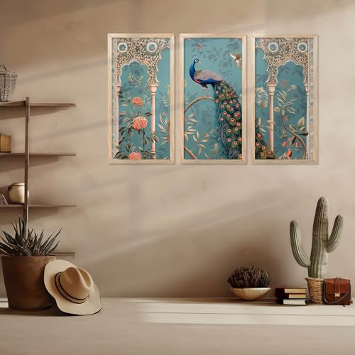 walllane Traditional Indian Art Pichwai Wall Hanging Paintings | Painting for wall Decoration | Traditional Indian Art Pichwai Wall Décor Paintings Set of 3 (10x19 inch, G) - Image 3