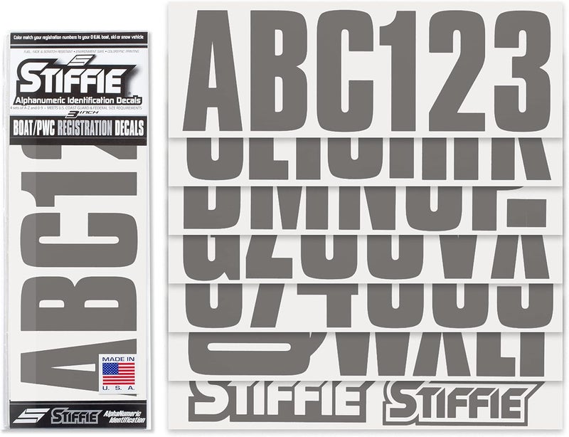 Stiffie مجموعة تعريف مقاس 3 بوصات من Stiffie Uniline باللون الكربوني مع ملصقات وأرقام تعريف تسجيل أبجدية رقمية للقوارب والمركبات المائية الشخصية - Image 2