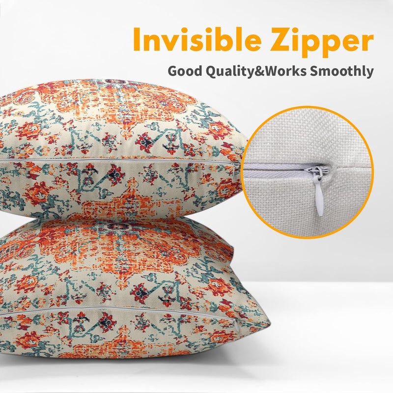 aportt Orange Blue Ethnic Boho Pillow Covers 20X20 Inch Bohemian Carpet Vintage Pillow Cases Rust Coral Floral Cotton Linen Throw Pillows Set of 2 Rustic Home Decor for Living Room Bedroom Cushion Outdoor - Image 3