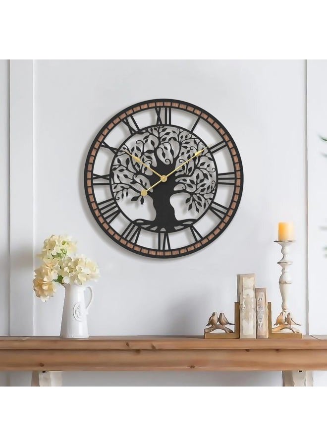 Micasso Non-Ticking Large Wall Clock: 18Inch Tree of Life Metal Black with Solid Wood Frame - Battery Operated Silent Clock for Living Room/Office/Bedroom/Kitchen - Home Decor for Fashion-Conscious - Image 1