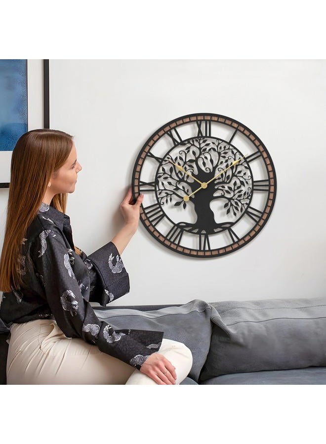 Micasso Non-Ticking Large Wall Clock: 18Inch Tree of Life Metal Black with Solid Wood Frame - Battery Operated Silent Clock for Living Room/Office/Bedroom/Kitchen - Home Decor for Fashion-Conscious - Image 5