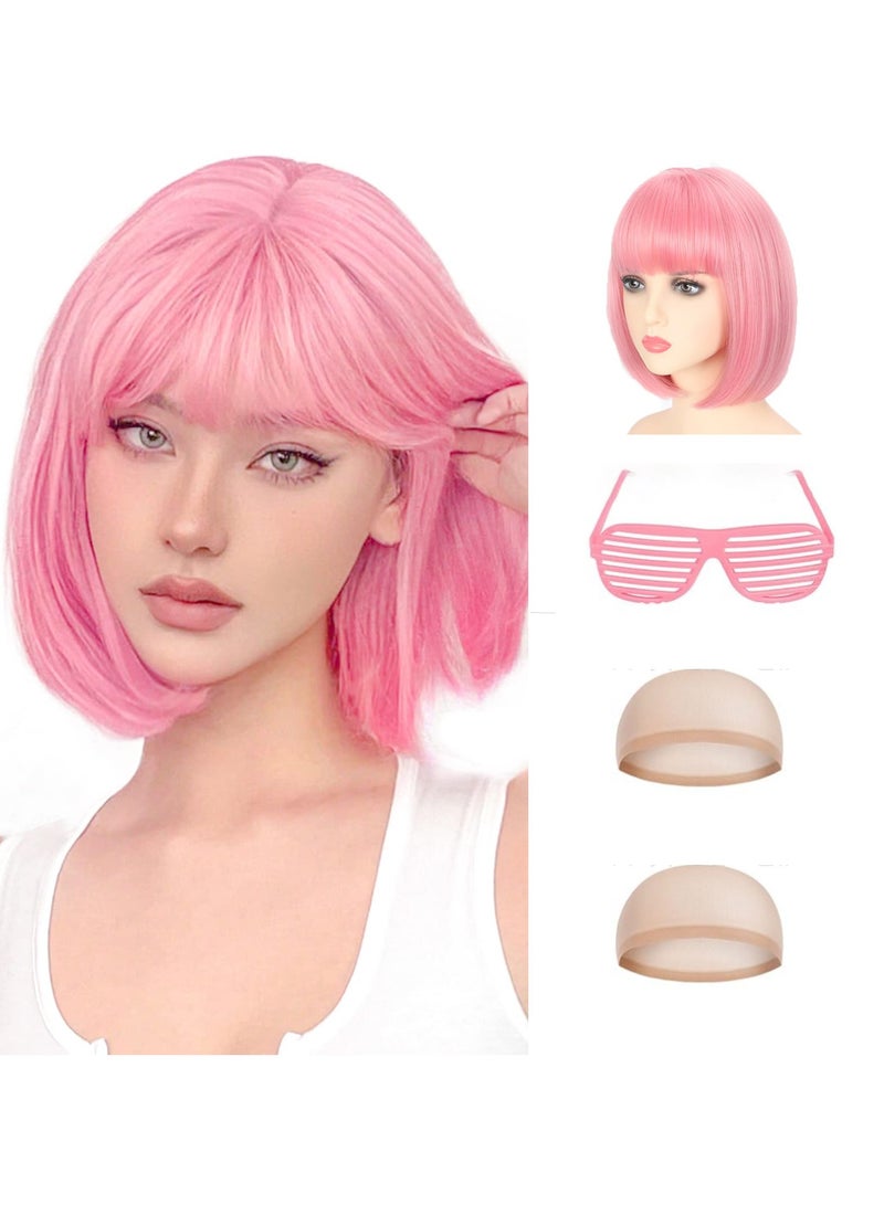 KOWVOWZ KOWVOWZ Pink Bob Wigs with Bangs, Short Straight Bob Wigs with Party Sunglasses , Natural Looking  Synthetic Cosplay Wigs for Daily Use Party Cosplay (12 Inch)" - Image 1