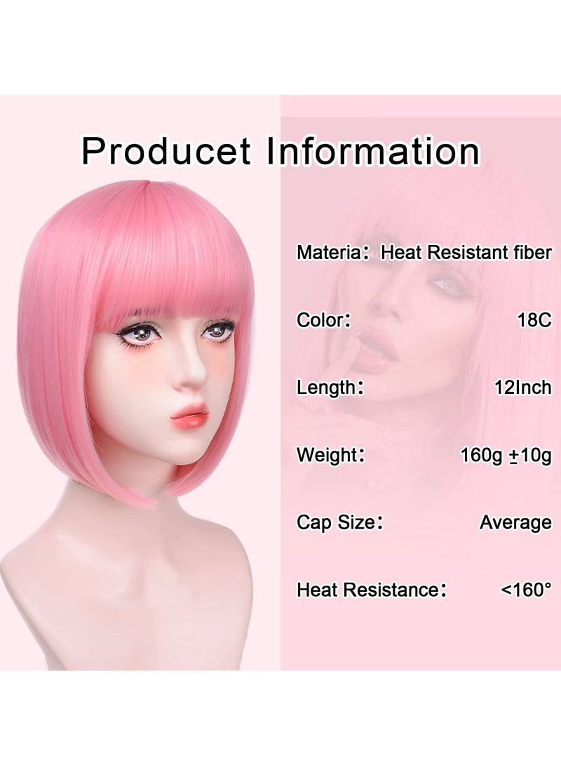 KOWVOWZ KOWVOWZ Pink Bob Wigs with Bangs, Short Straight Bob Wigs with Party Sunglasses , Natural Looking  Synthetic Cosplay Wigs for Daily Use Party Cosplay (12 Inch)" - Image 2