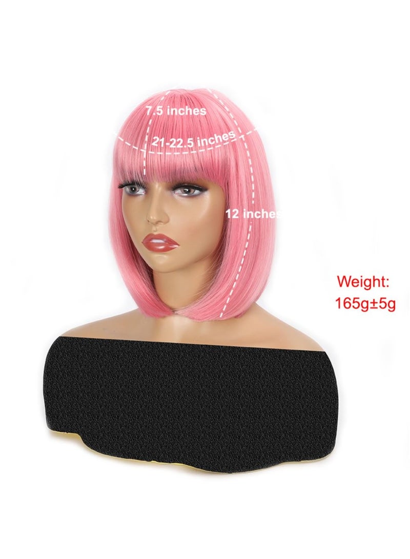 KOWVOWZ KOWVOWZ Pink Bob Wigs with Bangs, Short Straight Bob Wigs with Party Sunglasses , Natural Looking  Synthetic Cosplay Wigs for Daily Use Party Cosplay (12 Inch)" - Image 3