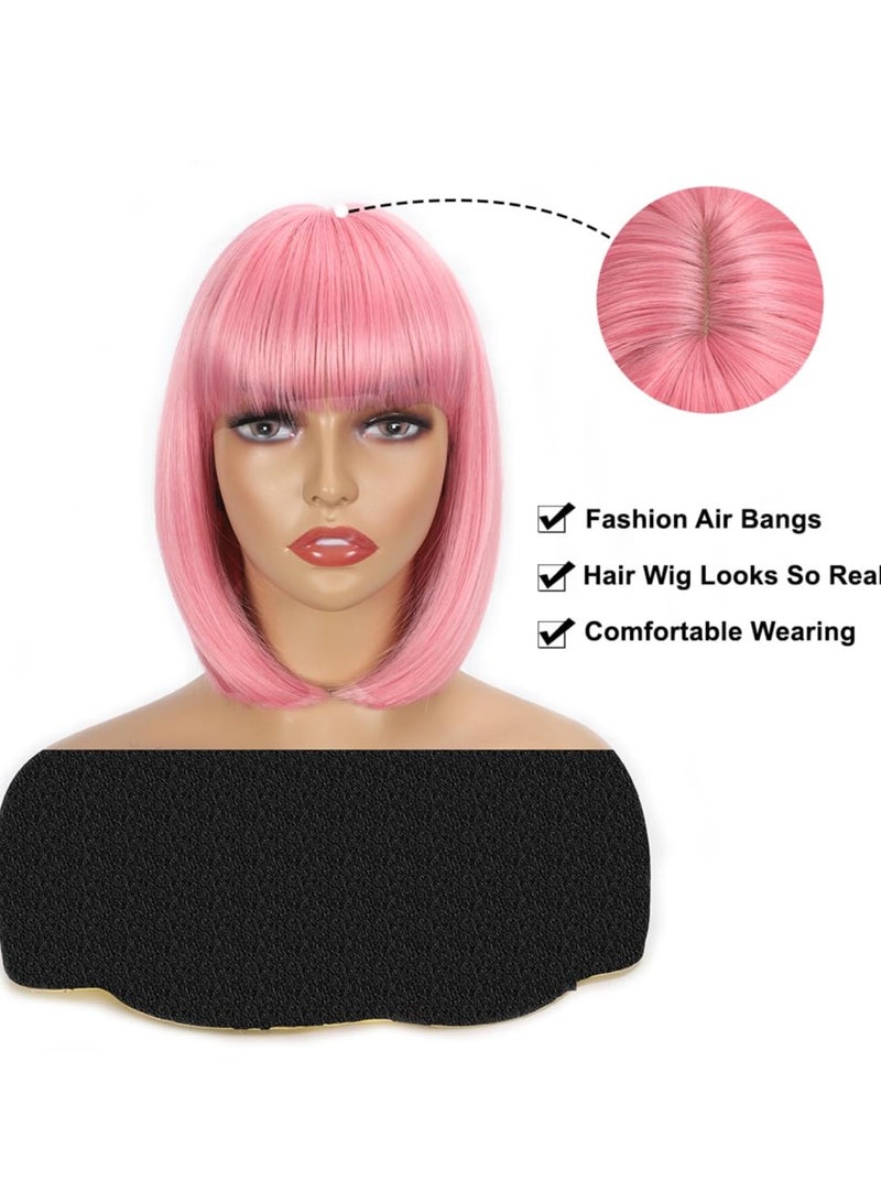 KOWVOWZ KOWVOWZ Pink Bob Wigs with Bangs, Short Straight Bob Wigs with Party Sunglasses , Natural Looking  Synthetic Cosplay Wigs for Daily Use Party Cosplay (12 Inch)" - Image 4