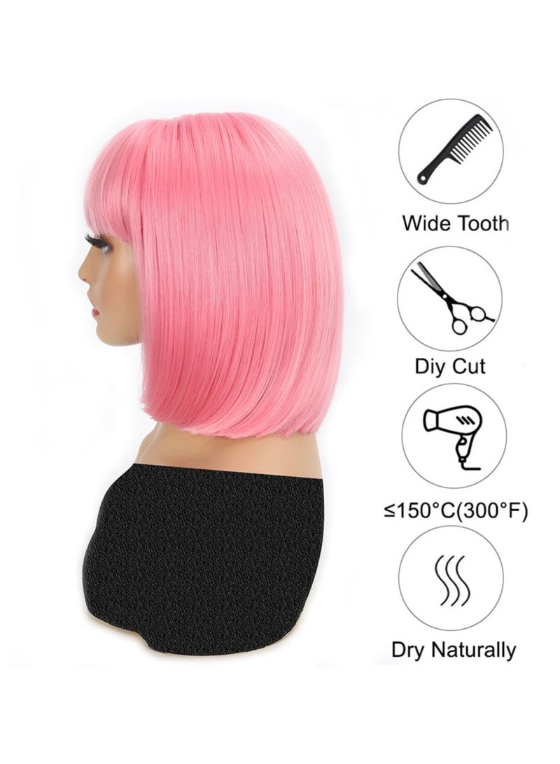 KOWVOWZ KOWVOWZ Pink Bob Wigs with Bangs, Short Straight Bob Wigs with Party Sunglasses , Natural Looking  Synthetic Cosplay Wigs for Daily Use Party Cosplay (12 Inch)" - Image 5