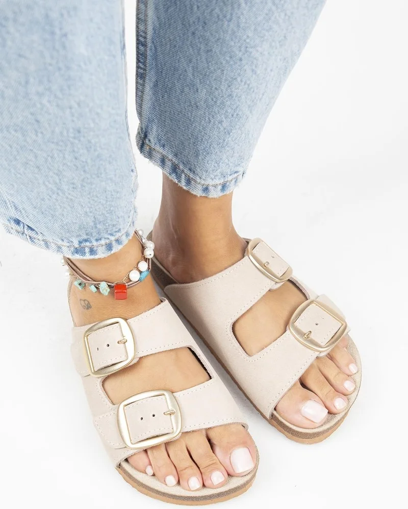 مانجيرو Irene Women's Genuine Leather Double Buckled Beige Slippers