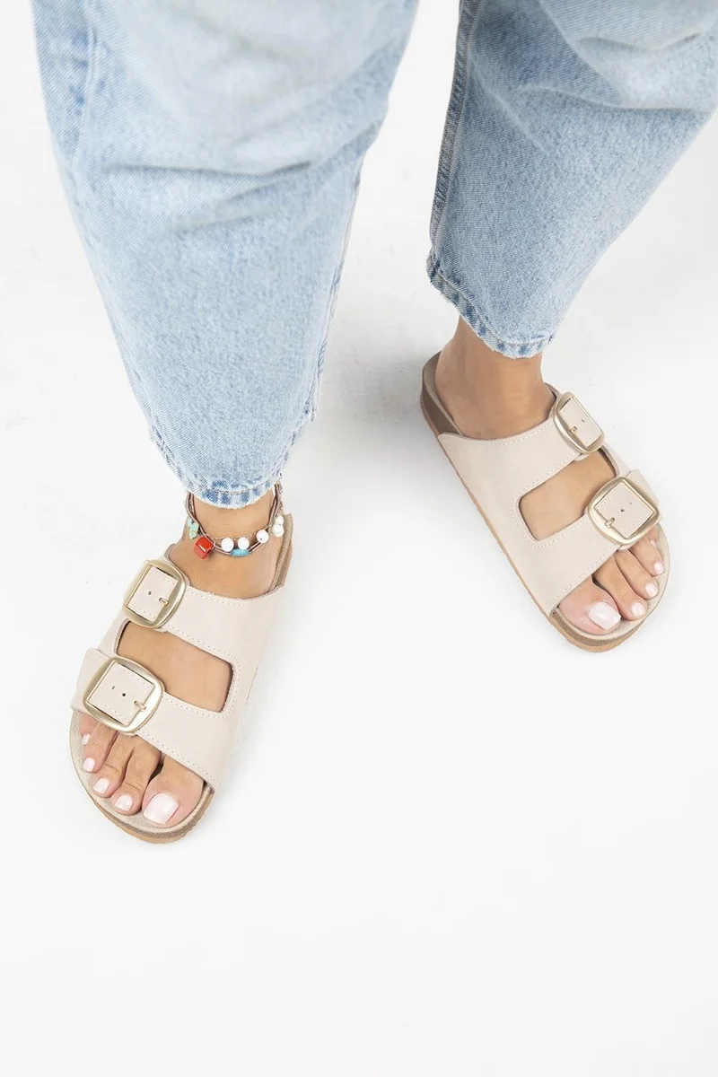 مانجيرو Irene Women's Genuine Leather Double Buckled Beige Slippers