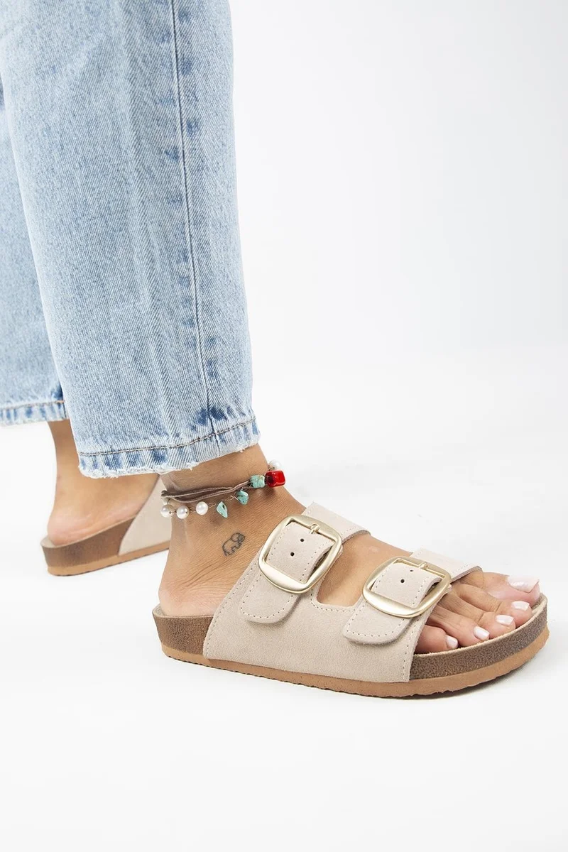 مانجيرو Irene Women's Genuine Leather Double Buckled Beige Slippers