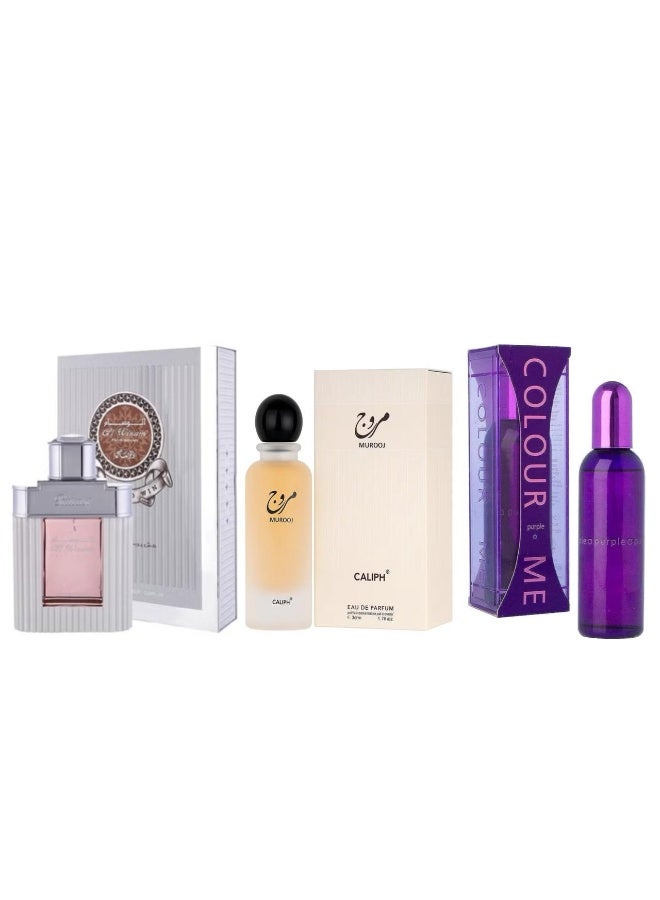 Perfumes 3pcs perfumes Rasasi Al Wisam 100ml + Murooj 80ml Inspired by MARJ + Colour Me Purple 100ml – Long Lasting Perfume Collection – For Men & Women - Image 1