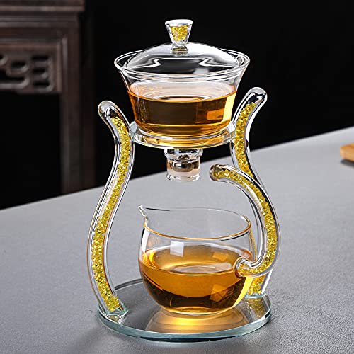 RORA Glass Teapot Set Semi Automatic Drip Rotating with Infuser Lazy Kungfu Tea pot Set (Yellow) - Image 3