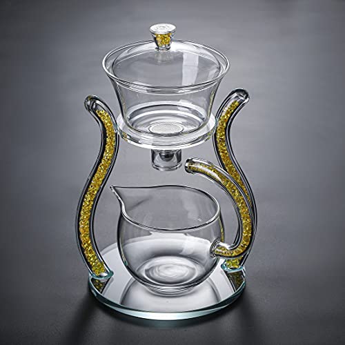 RORA Glass Teapot Set Semi Automatic Drip Rotating with Infuser Lazy Kungfu Tea pot Set (Yellow) - Image 4