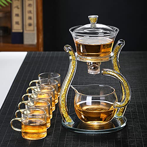 RORA Glass Teapot Set Semi Automatic Drip Rotating with Infuser Lazy Kungfu Tea pot Set (Yellow) - Image 2