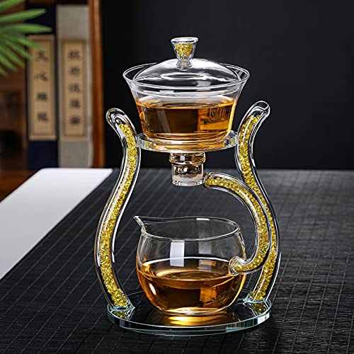 RORA Glass Teapot Set Semi Automatic Drip Rotating with Infuser Lazy Kungfu Tea pot Set (Yellow) - Image 5