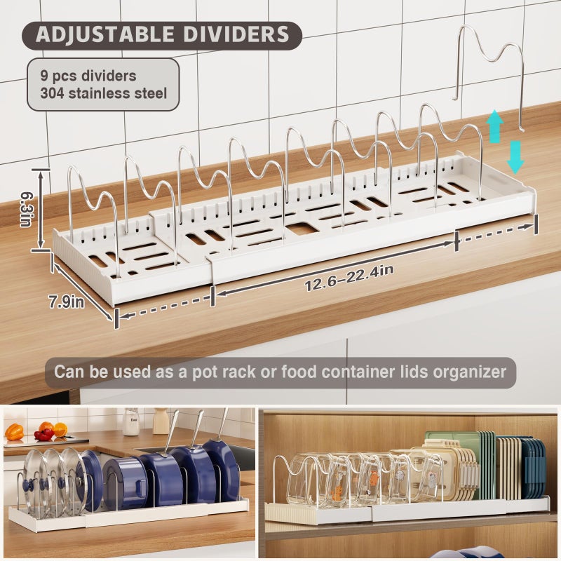 Magheo 2 Pack Expandable Food Storage Container Lid Organizers, 22" Pots and Pans Organizer Under Cabinet with 9 Adjustable Dividers Pot and Pan Lid Holders Rack Inside Cabinet(White) - Image 2
