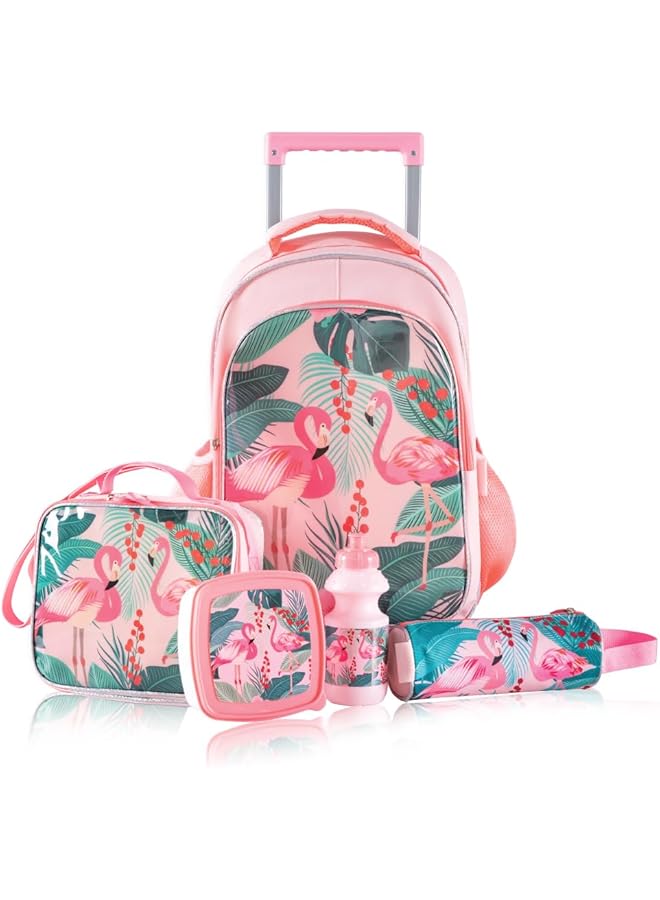 PROMASS حقيبة مدرسية بعجلات 17 بوصة مجموعة من 5 مع حقيبة غداء، حقيبة أقلام، صندوق غداء وزجاجة ماء استوائية - وردي - Image 1