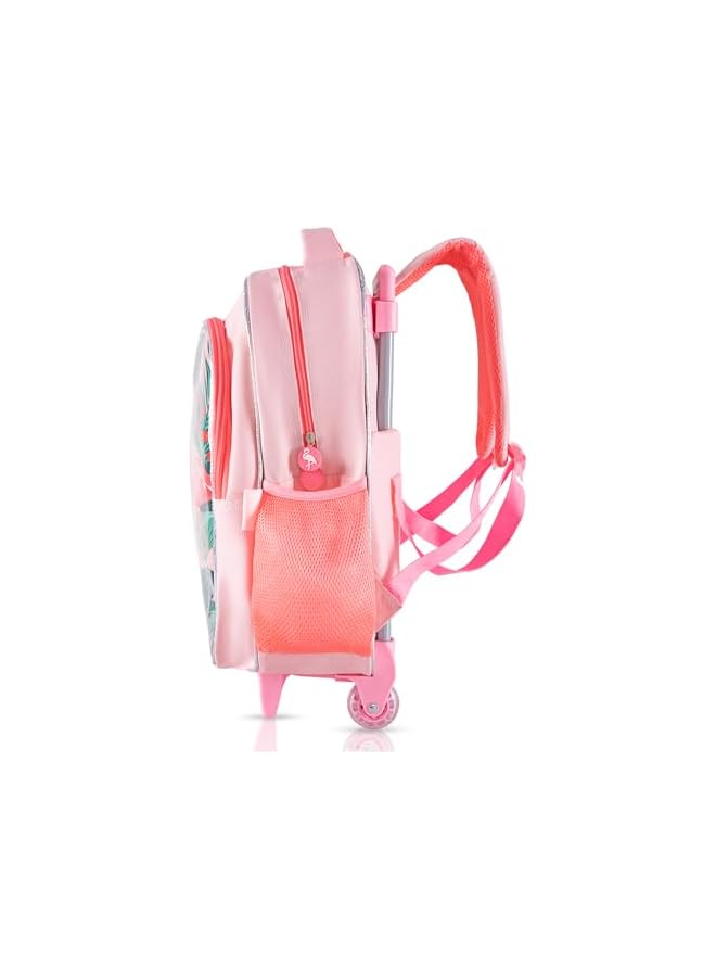 PROMASS حقيبة مدرسية بعجلات 17 بوصة مجموعة من 5 مع حقيبة غداء، حقيبة أقلام، صندوق غداء وزجاجة ماء استوائية - وردي - Image 3