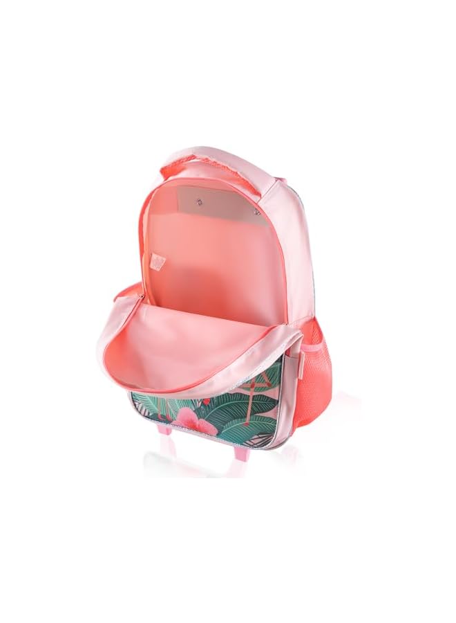 PROMASS حقيبة مدرسية بعجلات 17 بوصة مجموعة من 5 مع حقيبة غداء، حقيبة أقلام، صندوق غداء وزجاجة ماء استوائية - وردي - Image 2