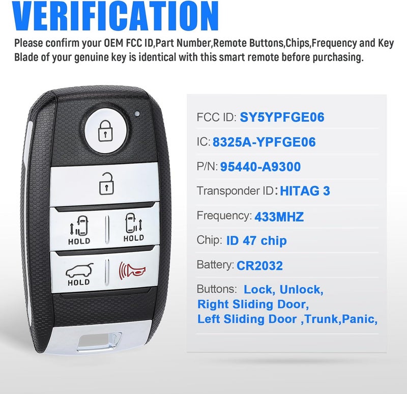 Keymall Keyless Entry Remote 6 Buttons Proximity Key Fob Replacement for Kia Sedona 2015-2021 - Image 2