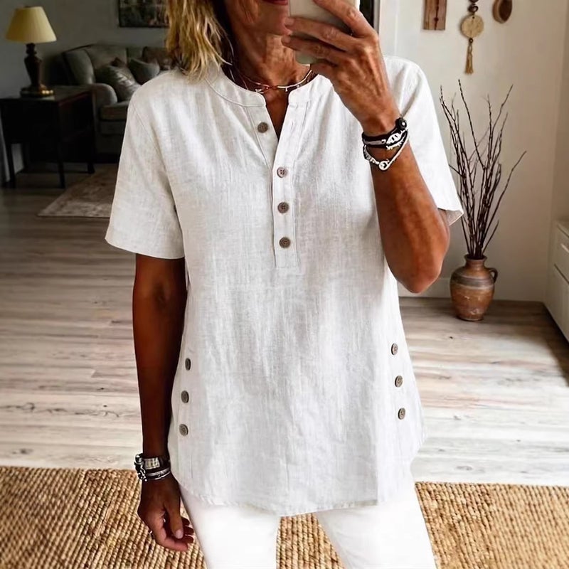 Women's V-Neck Short Sleeve Button Down Shirt - Image 3