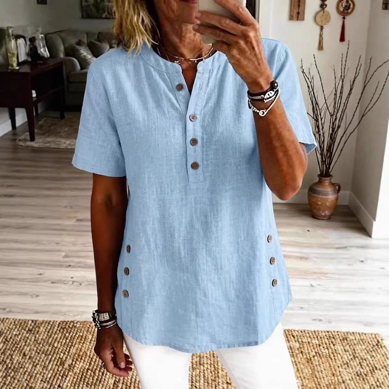 Women's V-Neck Short Sleeve Button Down Shirt - Image 2