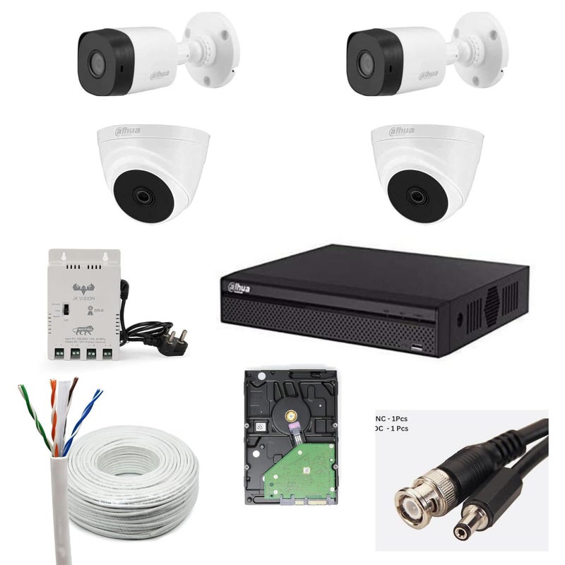 Dahua 2MP with Audio HD CCTV Camera Full Set, 2 Bullet, 2 Dome, 4 Channel DVR, 4 Channel JK Vision Power Supply, 1TB Hard Disk, 90 Meter Cable, BNC/DC Connector - Image 2