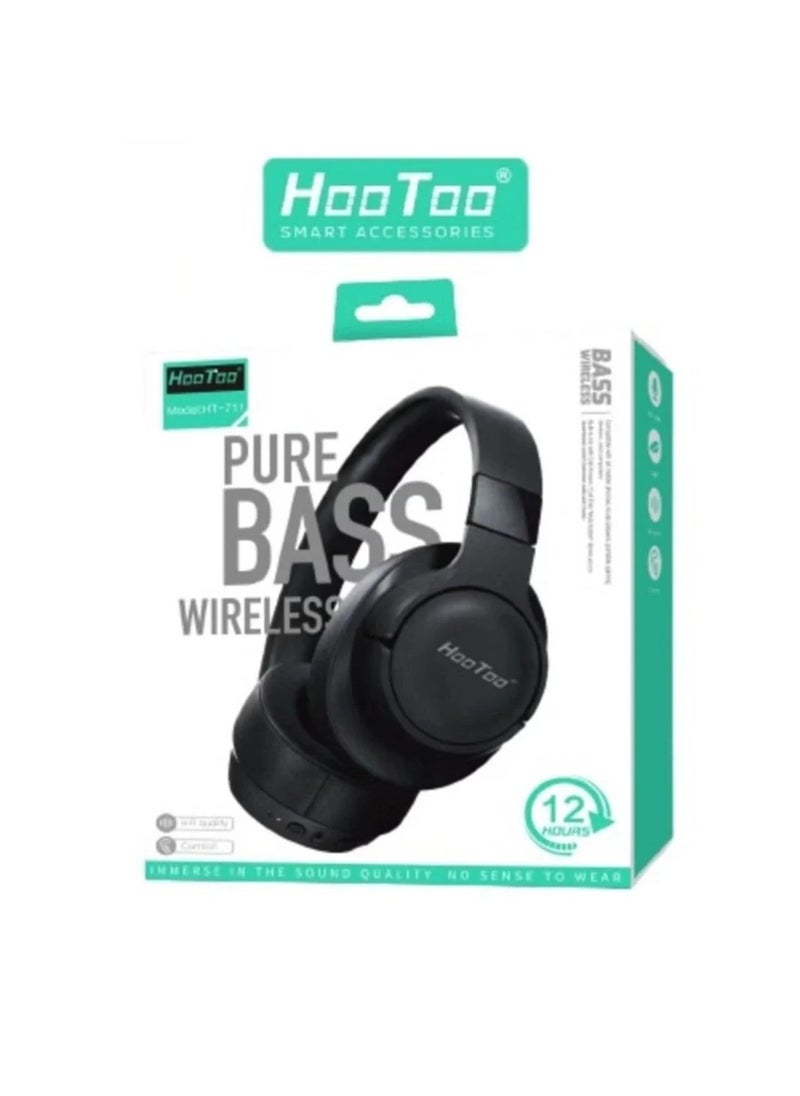 HooToo - HT-711 Bass Wireless Over-Ear Headphones Compatible with all mobile phones music players portable gaming devices and computers. Built-in mic with Call Answer Call End Mute button. Black from Hootoo - Image 1
