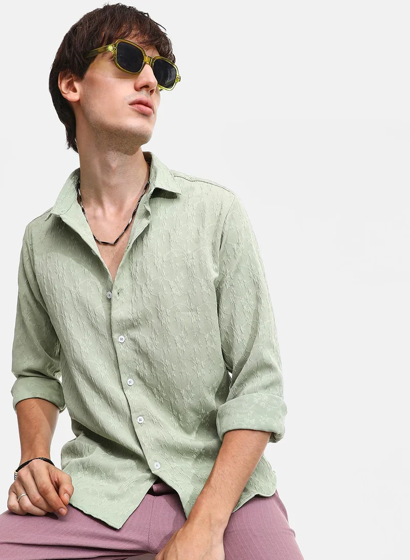 Campus Sutra Campus Sutra Men's Avocado Green Floral-Textured Shirt For Casual Wear | Spread Collar | Long Sleeve | Button Closure | Shirt Crafted With Comfort Fit For Everyday Wear