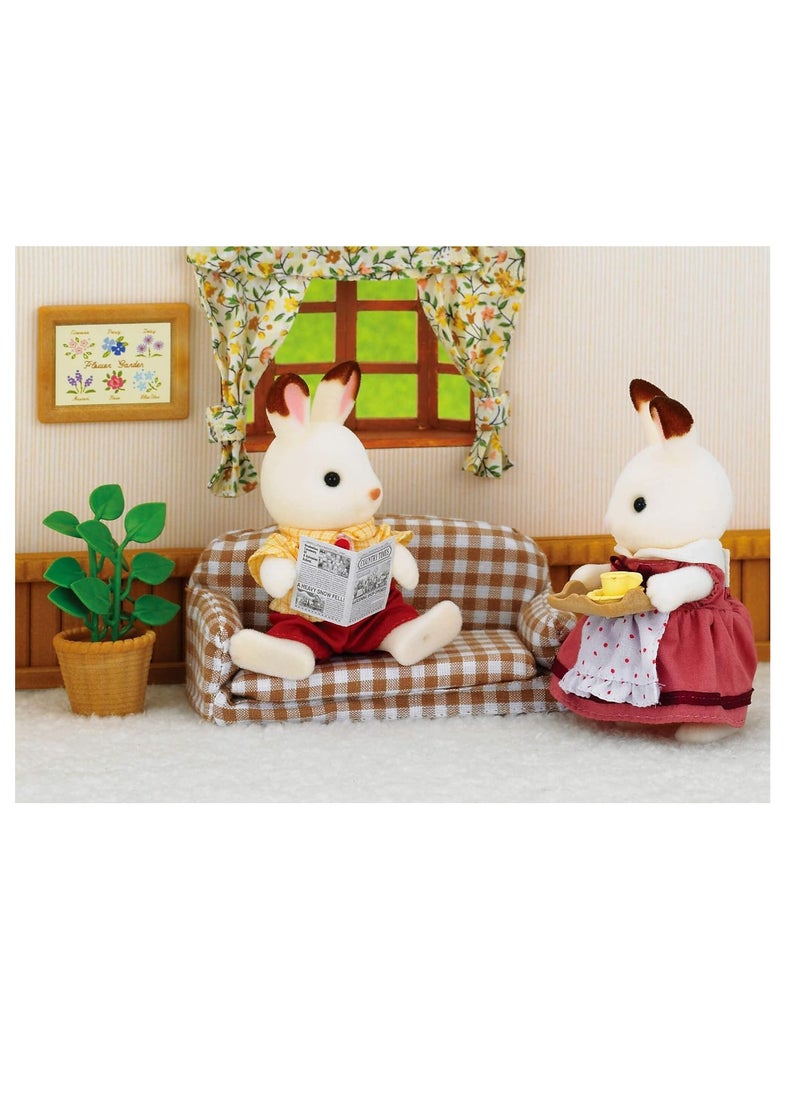 Sylvanian Families - Chocolate Rabbit Father Set | Includes Gingham Sofa, Leafy Plant, Flower Painting, and Figure in Casual Outfit | Complements Cosy Cottage Starter Home | Ages 3 & Up - Image 1