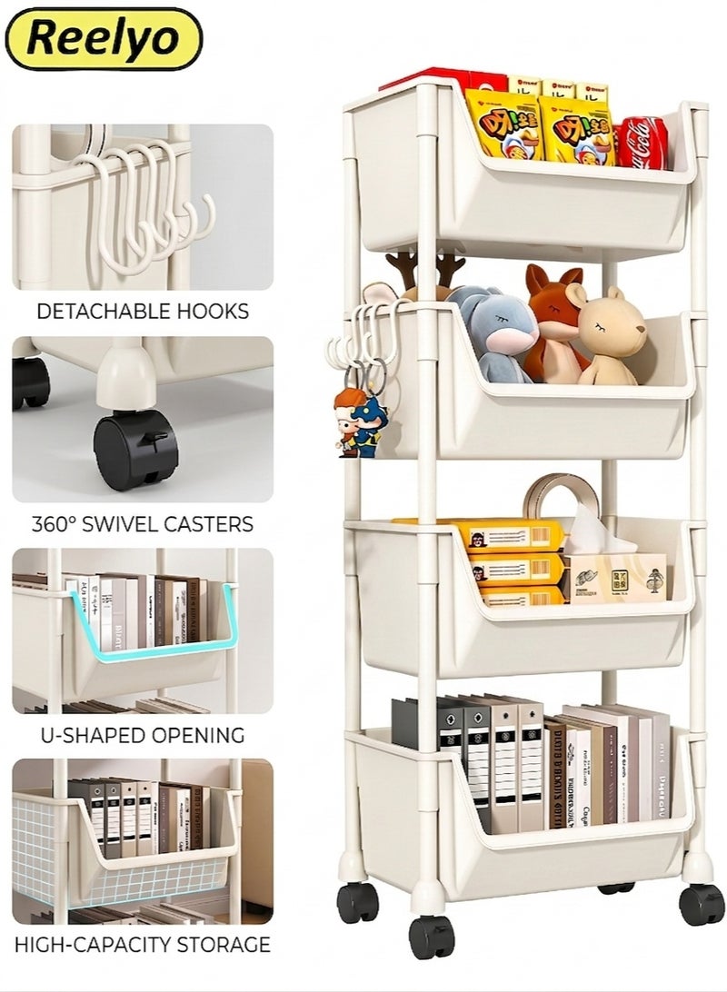 Reelyo 4-Tier Plastic Rolling Utility Cart with Handle, Movable Storage Organizer with Wheels, Multi-Functional Storage Trolley for Office, Living Room, Kitchen, White - Image 1