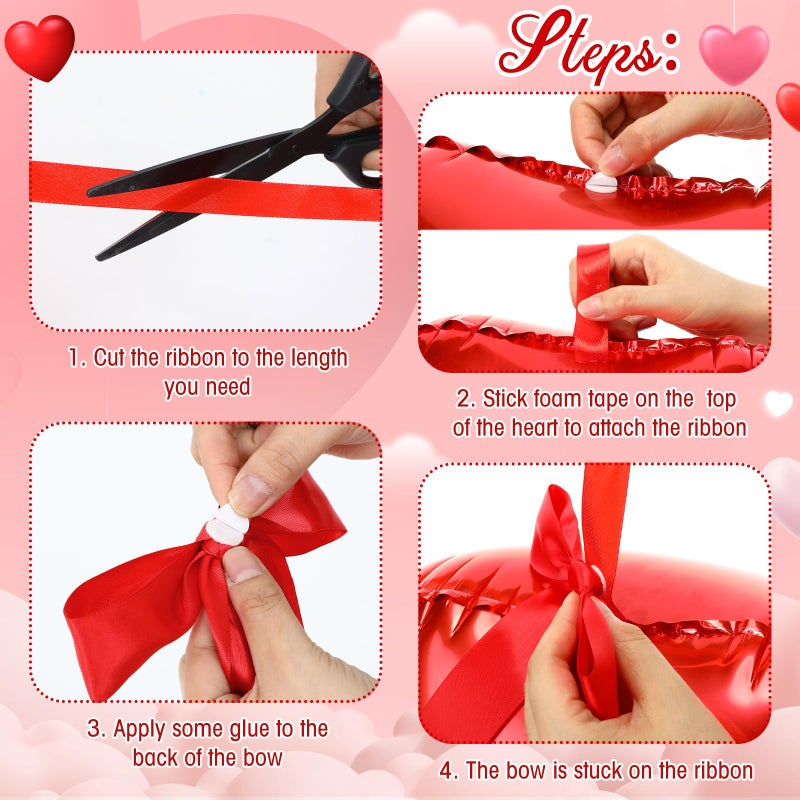 Jenaai 30 Sets Valentine Heart Foil Balloons Bulk, 30 18" Heart Balloons, 30 Satin Bows for Balloon and 2 Pcs Ribbons, Love Foil Balloon for Valentine Party Supplies Wedding Bridal(Red) - Image 3