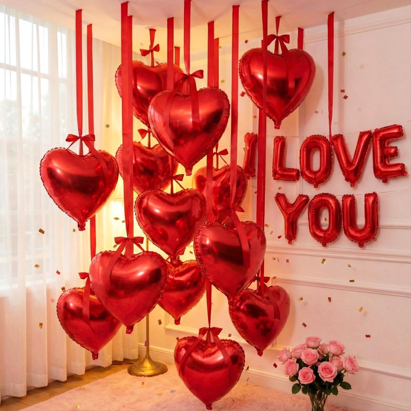 Jenaai 30 Sets Valentine Heart Foil Balloons Bulk, 30 18" Heart Balloons, 30 Satin Bows for Balloon and 2 Pcs Ribbons, Love Foil Balloon for Valentine Party Supplies Wedding Bridal(Red) - Image 5