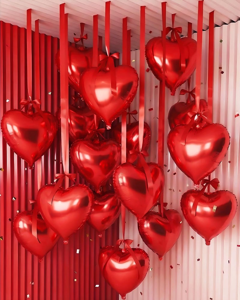 Jenaai 30 Sets Valentine Heart Foil Balloons Bulk, 30 18" Heart Balloons, 30 Satin Bows for Balloon and 2 Pcs Ribbons, Love Foil Balloon for Valentine Party Supplies Wedding Bridal(Red) - Image 1