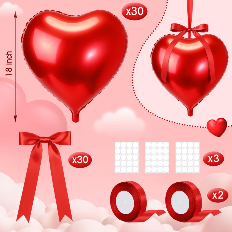 Jenaai 30 Sets Valentine Heart Foil Balloons Bulk, 30 18" Heart Balloons, 30 Satin Bows for Balloon and 2 Pcs Ribbons, Love Foil Balloon for Valentine Party Supplies Wedding Bridal(Red) - Image 2