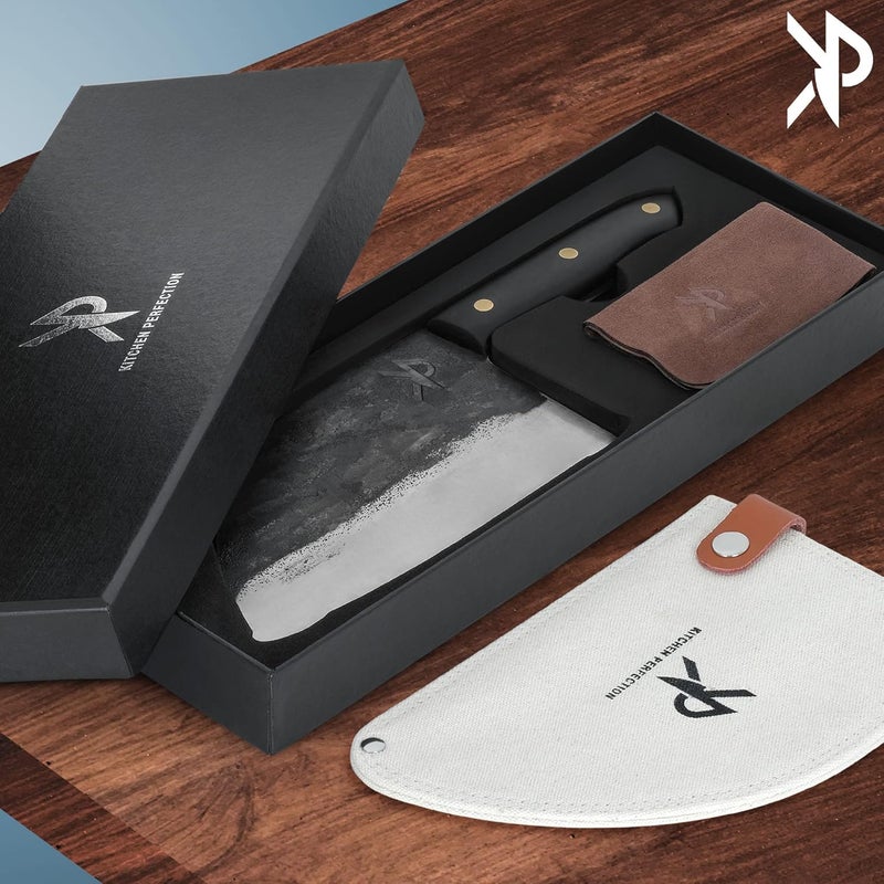 Kitchen perfection Handmade Meat Cleaver Knife For Meat Cutting - Professional 7" Serbian Chef Knife – Made of High Carbon Steel – Hand Sharpen Butcher Knife w/Canvas Sheath, Unique Gifts For Men - Image 4