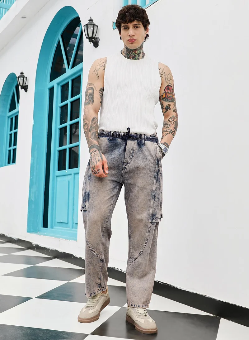 Campus Sutra  Men's Indigo Blue Acid-Wash Panelled Denim Jeans | Mid-Rise , Straight Hem , Drawstring Closure , Straight-Fit | Solid Denim | Cotton Jeans For Casual Wear for Men | Best Price UAE