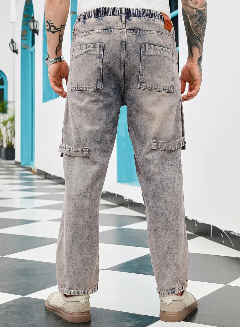 Campus Sutra  Men's Indigo Blue Acid-Wash Panelled Denim Jeans | Mid-Rise , Straight Hem , Drawstring Closure , Straight-Fit | Solid Denim | Cotton Jeans For Casual Wear for Men | Best Price UAE