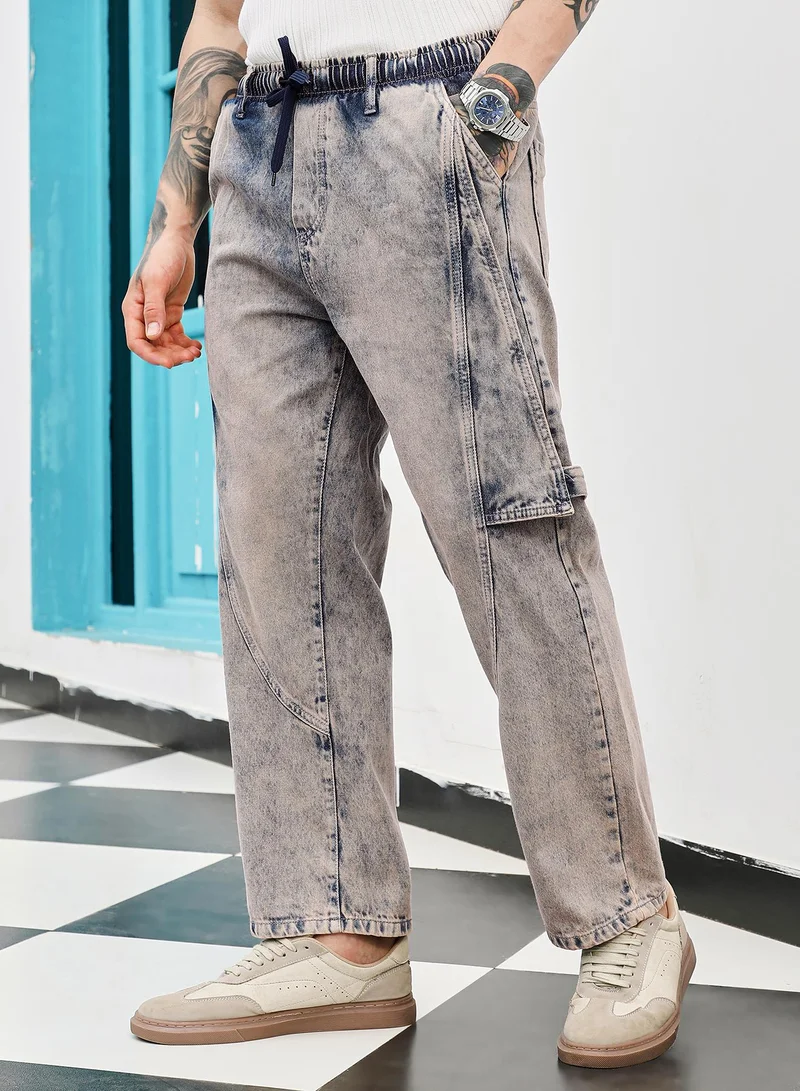 Campus Sutra  Men's Indigo Blue Acid-Wash Panelled Denim Jeans | Mid-Rise , Straight Hem , Drawstring Closure , Straight-Fit | Solid Denim | Cotton Jeans For Casual Wear for Men | Best Price UAE