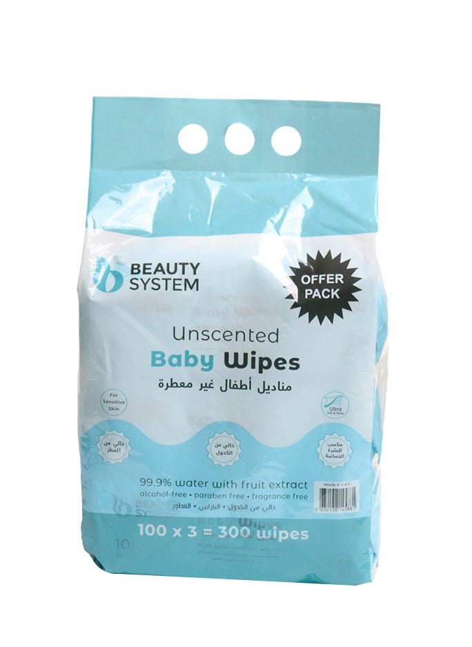 BEAUTY SYSTEM Unscented Baby Wipes 99.9% Water With Fruit Extract 300 Wipes Pack of 3 