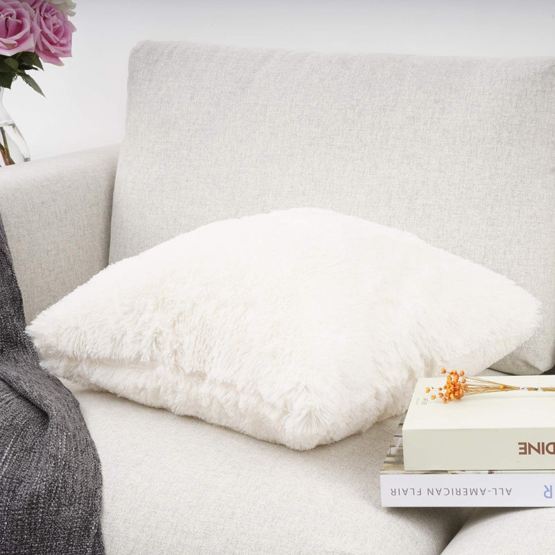 YOUR SMILE Pack of 2, Decorative Plush New Luxury Series Merino Style Faux Fur Throw Pillow Case Cushion Cover 18" x 18"(Ivory,White) - Image 3