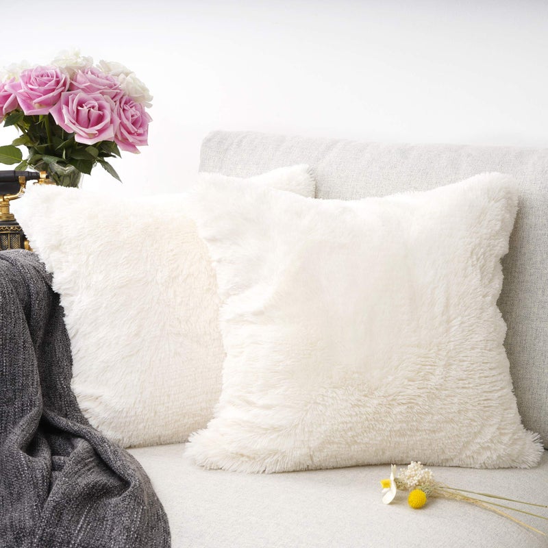 YOUR SMILE Pack of 2, Decorative Plush New Luxury Series Merino Style Faux Fur Throw Pillow Case Cushion Cover 18" x 18"(Ivory,White) - Image 2
