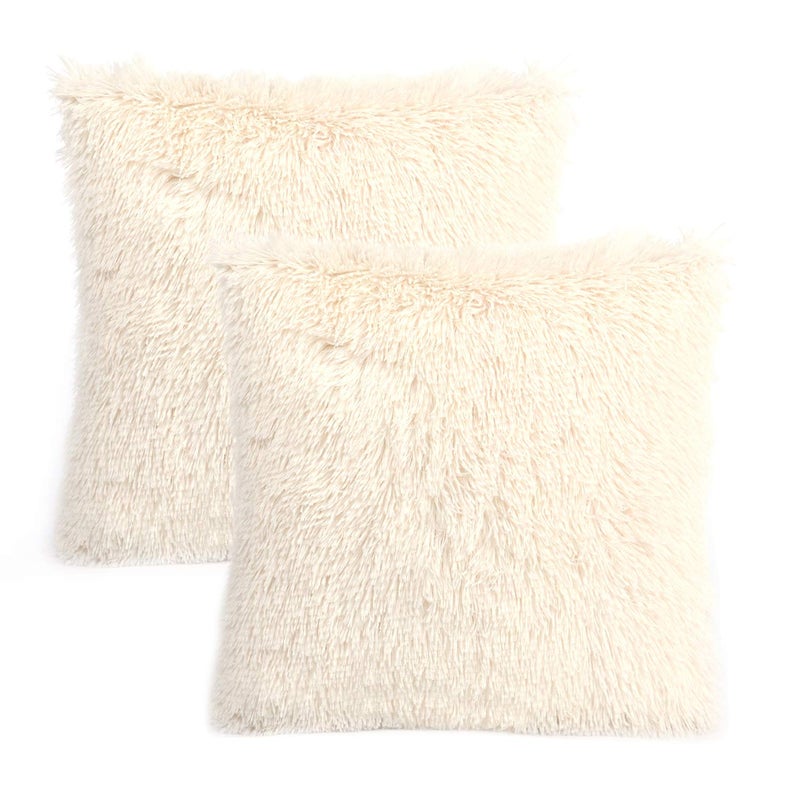 YOUR SMILE Pack of 2, Decorative Plush New Luxury Series Merino Style Faux Fur Throw Pillow Case Cushion Cover 18" x 18"(Ivory,White) - Image 1