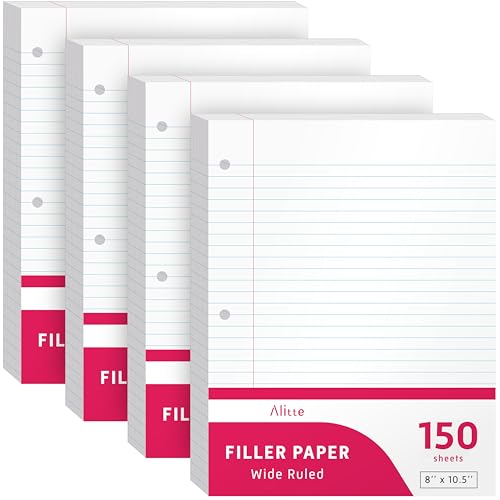 Alitte Loose Leaf Paper, Wide Ruled, 600 Sheets (150/Pack) Filler Paper for Writing Notes - School, College, Office - 3 Hole-Punch Lined Sheets for Ring Binders, Pocket Folders - White, 8 x 10.5 - Image 1
